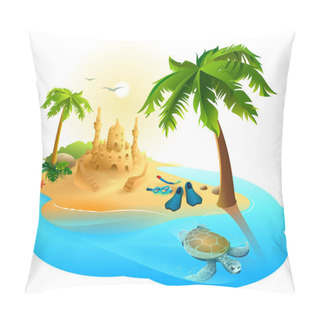Personality  Tropical Island Paradise Beach. Palm Tree, Sand Castle, Fins, Sea Turtle Pillow Covers