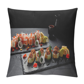 Personality  Close-up View Of Delicious Fresh Traditional Sushi Rolls On Slate Boards Pillow Covers