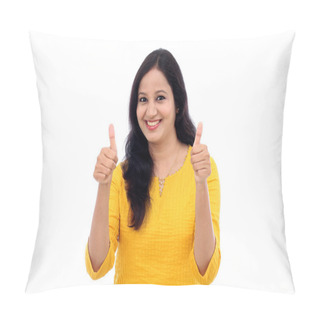 Personality  Cheerful Young Woman Showing Thumbs Up Gesture Pillow Covers