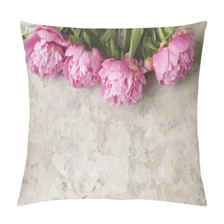 Personality  Composition With Beautiful Peony Flowers On Grey Textured Background Pillow Covers