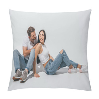 Personality  Cute Couple Sitting On Floor, Smiling And Looking At Each Other Pillow Covers