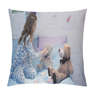 Personality  Side View Of Preteen Kid In Pajama Holding Cup Near Soft Toy On Bed  Pillow Covers