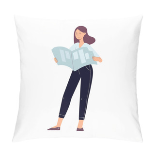 Personality  Vector Flat Woman Tourist With Route Map Paper Pillow Covers