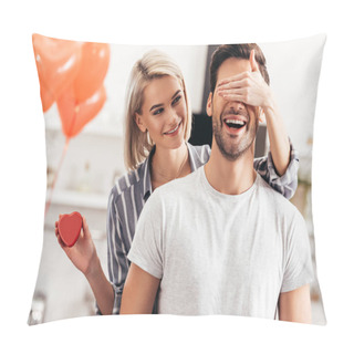 Personality  Selective Focus Of Attractive Girlfriend Hugging And Giving Gift To Handsome Boyfriend On Valentines Day Pillow Covers