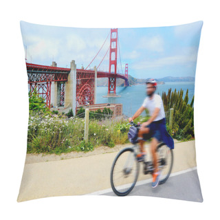 Personality  Cyclist In The Golden Gate Bridge In San Francisco, CA Pillow Covers