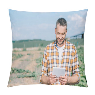 Personality  Handsome Smiling Farmer Using Digital Tablet While Standing On Field Pillow Covers