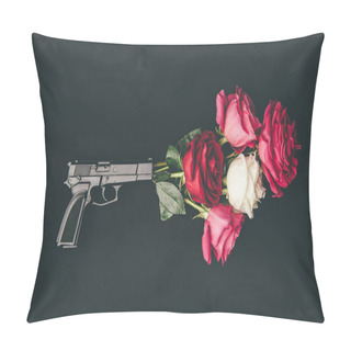 Personality  Gun Shooting With Bouquet Of Rose Flowers Isolated On Black Pillow Covers