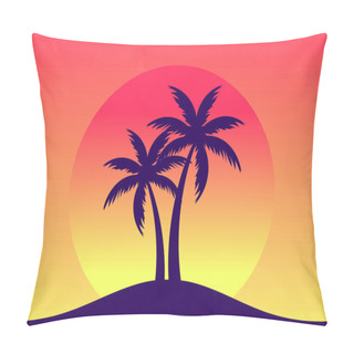 Personality  Palm Trees Against A Gradient Sun In The Style Of The 80s. Synthwave And Retrowave Style. Orange Color. Design For Advertising Brochures, Banners, Posters, Travel Agencies. Vector Illustration Pillow Covers
