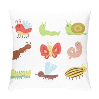 Personality  Colorful Insects Icons Isolated Wildlife Wing Detail Summer Worm Caterpillar Bugs Wild Vector Illustration. Pillow Covers