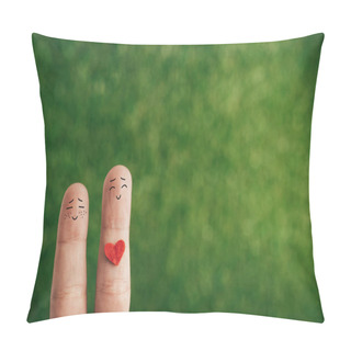 Personality  Cropped View Of Happy Couple Of Fingers With Heart For Valentines Day On Green Pillow Covers