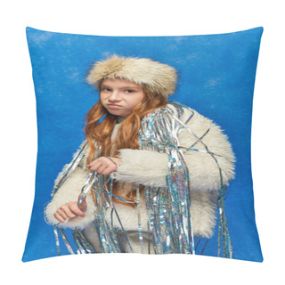 Personality  Displeased Girl In Faux Fur Jacket With Tinsel Standing Under Falling Snow On Blue, Feeling Cold Pillow Covers