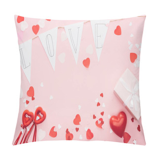Personality  Top View Of Valentines Decorations And Paper Garland With 'love' Lettering Isolated On Pink, St Valentines Day Concept Pillow Covers