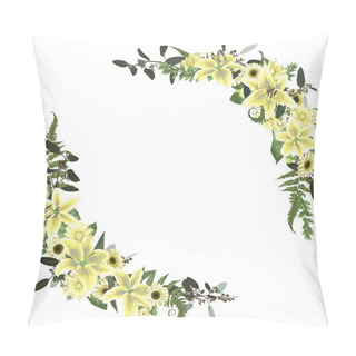 Personality  Vector Floral Bouquet Design Set, Green Forest Leaf, Fern, Branches, Buxus, Eucalyptus. Flowers Of Yellow, White Lily, Gerbera, Dahlia. Watercolor Style, Herbs. Wedding For Invite Car Pillow Covers