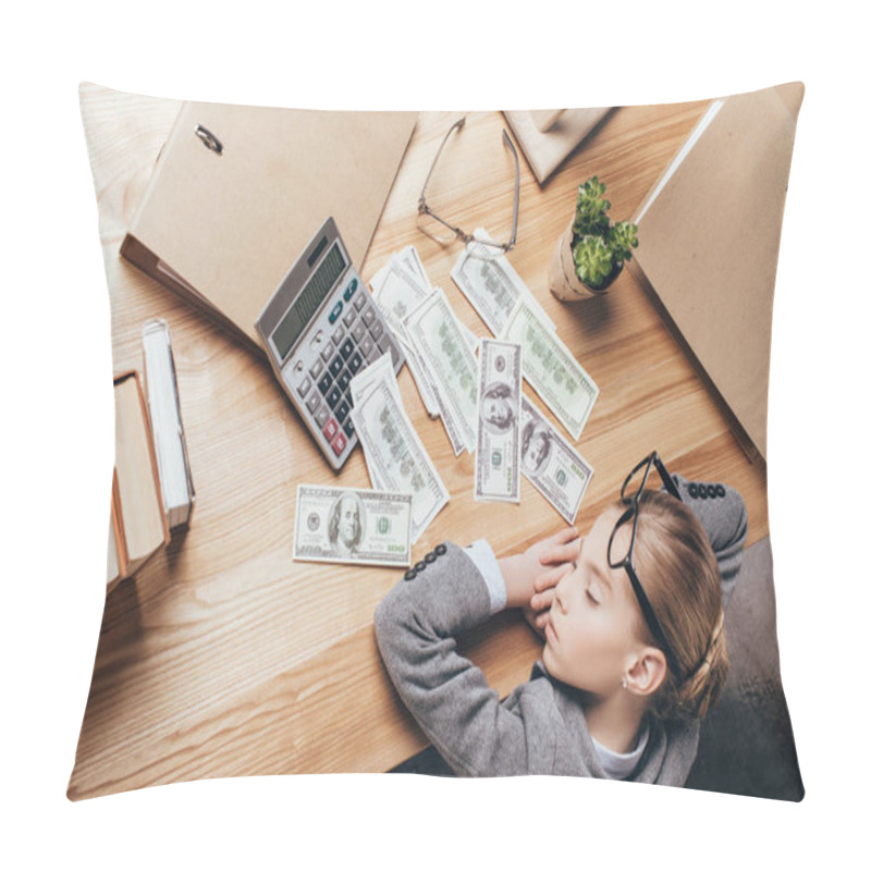 Personality  tired kid sleeping at workplace pillow covers