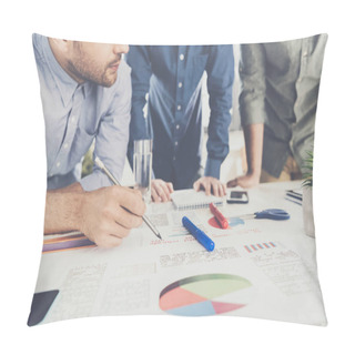 Personality  Three Young Businessmen Leaning At Table And Working At Project Together, Business Teamwork Pillow Covers