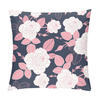 Personality  Vector Vintage Pink And White Roses And Leaves On Dark, Navy Background Seamless Repeat Pattern. Great For Retro Fabric, Wallpaper, Scrapbooking Projects. Pillow Covers