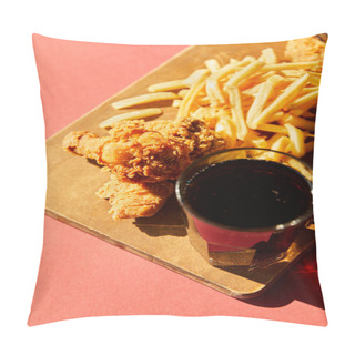 Personality  Crispy Deep Fried Chicken And French Fries Served On Wooden Cutting Board With Soda In Sunlight Pillow Covers