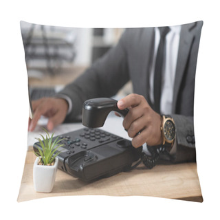 Personality  Partial View Of Trader Holding Handset Of Landline Phone, Blurred Background Pillow Covers