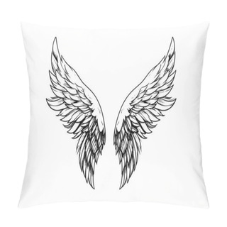 Personality  Angel Wings Ink Sketch In Engraving Style. Hand Drawn Fenders Vector Illustration Pillow Covers