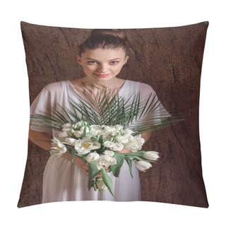 Personality  Attractive Young Woman In White Dress Posing With Wedding Bouquet Pillow Covers