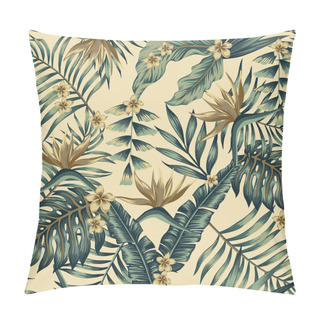 Personality  Tropical Leaves And Gold Flowers Seamless  Cheerful Pattern Wallpaper Of Palm Trees And Bird Of Paradise (strelitzia) Plumeria On A Beige Background Pillow Covers