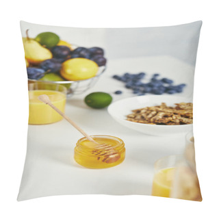 Personality  Close Up View Of Honey, Fresh Fruits And Glass Of Juice For Breakfast On White Surface Pillow Covers