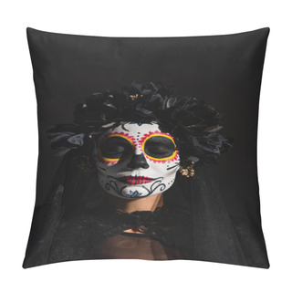 Personality  Portrait Of Woman With Closed Eyes In Scary Catrina Makeup And Dark Wreath Isolated On Black Pillow Covers