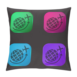 Personality  Airplane Flying Around Earth Grid Four Color Glass Button Icon Pillow Covers