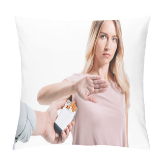 Personality  Attractive Woman Rejecting Pack Of Cigarettes From Man Isolated On White Pillow Covers