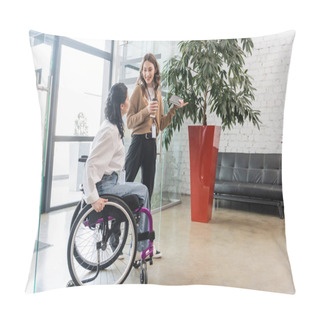 Personality  Inclusion Concept, Happy Woman Pointing Away And Looking At Disabled Colleague In Wheelchair Pillow Covers