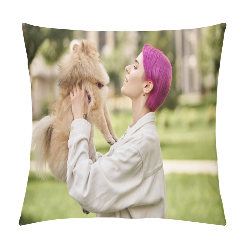 Personality  Side View Of Cheerful Woman With Purple Hair Holding Delightful Pomeranian Spitz In Hands Outdoors Pillow Covers