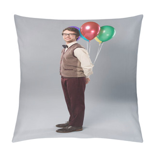 Personality  Positive Man In Glasses Holding Multicolored Balloons On Grey Background Pillow Covers
