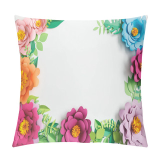 Personality  Top View Of Colorful Paper Flowers And Green Plants With Leaves On Grey Background Pillow Covers