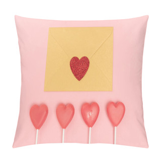 Personality  Top View Of Heart Shaped Lollipops And Envelope With Heart On Pink Background Pillow Covers