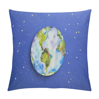 Personality  Top View Of Planet Picture On Violet Background With Stars, Earth Day Concept Pillow Covers