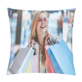 Personality  Attractive Young Happy Woman Is Doing Shopping With Shopping Bags In Modern Mall. Pillow Covers
