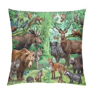 Personality  Animals And Birds Of The Taiga, Flora And Fauna Of Coniferous Forests, Realistic Drawing, Full Color Poster, Illustration For The Book Pillow Covers