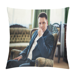 Personality  Portrait Of A Handsome Groom In Classical Interrior Pillow Covers