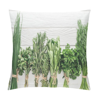 Personality  Top View Of Various Green Herbs On White Wooden Table Pillow Covers