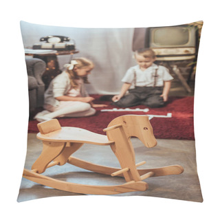 Personality  Wooden Rocking Horse And Little Kids Playing With Domino Tiles At Home, 50s Style Pillow Covers