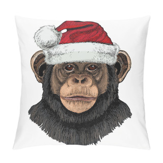 Personality  Vector Chimpanzee Portrait. Christmas Red Santa Claus Hat. Ape Head, Monkey Face. Pillow Covers