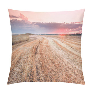 Personality  Sunset Over The Wheat Field After Harvest, The Red Sun Touches The Horizon Over The Field Lines And Roads. Toned Photo. Pillow Covers