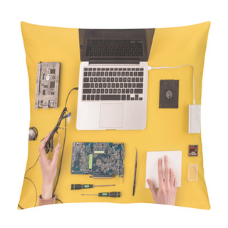 Personality  Partial Top View Of Person Holding Eyeglasses And Fixing Laptop On Yellow Pillow Covers