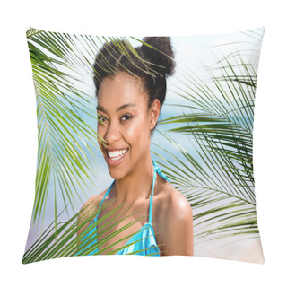 Personality  Portrait Of Smiling African American Woman Near Palm Leaves In Front Of Sea  Pillow Covers