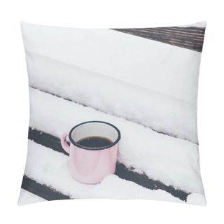 Personality  Close Up View Of Cup Of Coffee On Wooden Bench On Snowy Day Pillow Covers