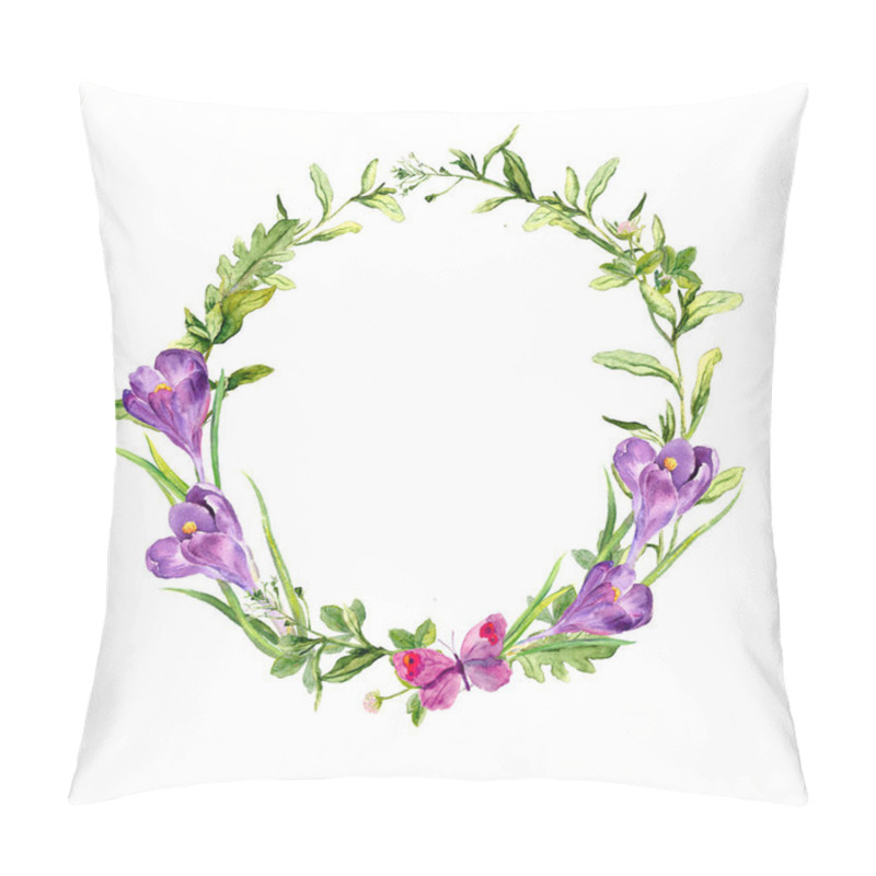 Personality  Easter wreath with spring crocus flowers, grass, butterfly. Circle frame. Watercolor pillow covers