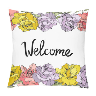 Personality  Vector Rose Flowers Floral Borders On White Background. Yellow, Purple And Pink Engraved Ink Art. Welcome Inscription Pillow Covers