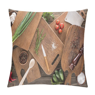 Personality  Top View Of Cutting Boards, Cherry Tomatoes, Salt, Garlics, Cucumbers, Chili Peppers, Pepper Mill, Spoon, Meat Chopper, Knife And Spices  Pillow Covers