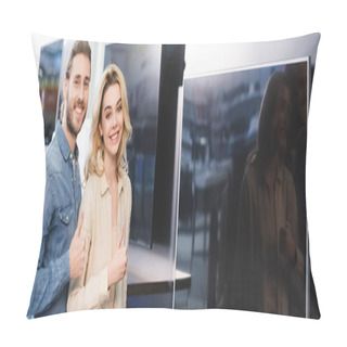 Personality  Panoramic Shot Of Smiling Boyfriend And Girlfriend Showing Thumbs Up In Home Appliance Store  Pillow Covers