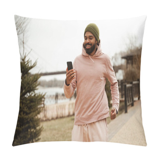 Personality  Cheerful African American Jogger Holding Mobile Phone While Running Outdoors Pillow Covers